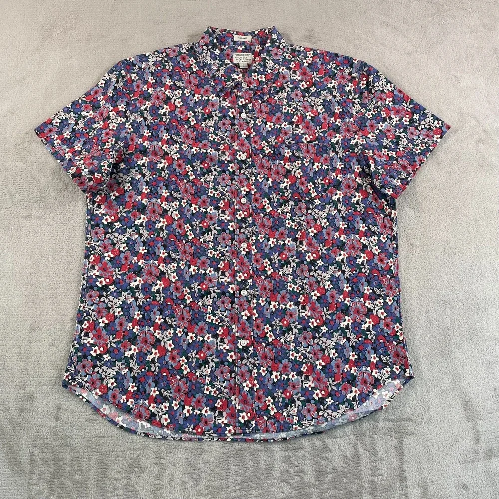 J.CREW Poplin Shirt Men Large Multi Floral Secret Wash Organic Stretch SS‎ NWOT